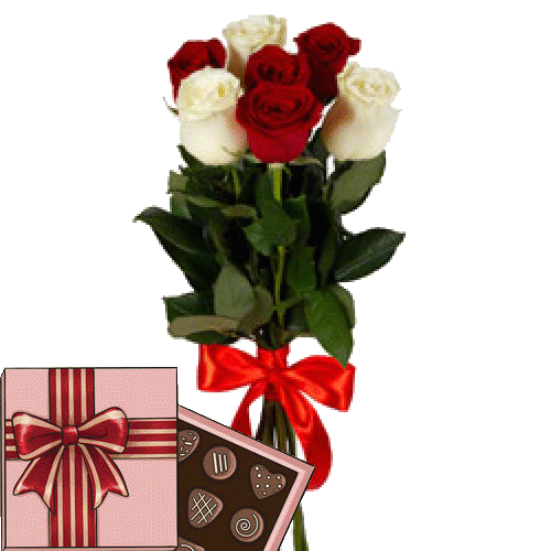 Фото товара 7 красно-белых роз с конфетами в Кривом Роге
