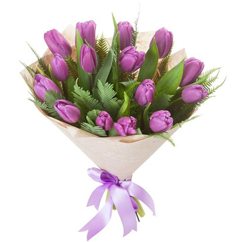 Фото товара 15 фіолетових тюльпанів з декором в Кривом Роге