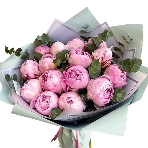 Фото товара 15 светло-розовых пионов с зеленью в Кривом Роге