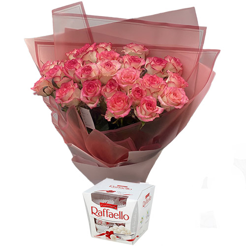 Фото товара 25 рожевих троянд із цукерками в Кривом Роге